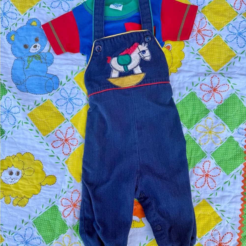 Vintage Baby Denim horse Overalls & color block Garanimal shirt  9-12 M